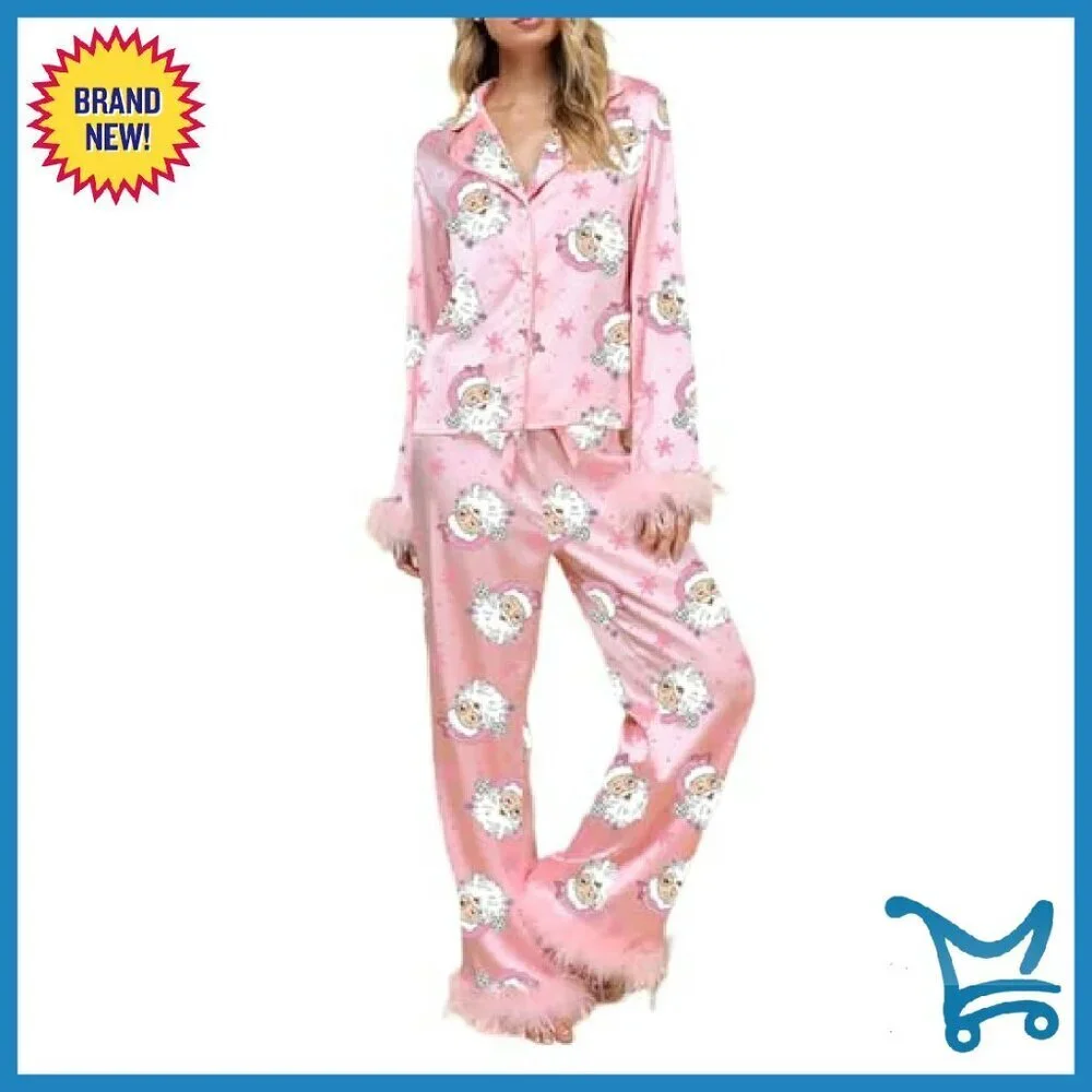 Women's Satin Pajama Set with Feather Trim Long Sleeve Button Top Pants